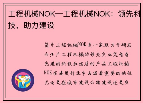 工程机械NOK—工程机械NOK：领先科技，助力建设